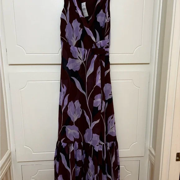 Ann Taylor Plum Floral Wrap Maxi Dress with Lavender Blooms - Picture 13 of 14